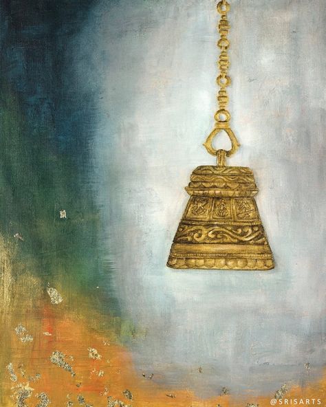 This custom painting is perfect to bring a burst of colour and nostalgia to any space. It features a large brass bell, often seen at temples and festivals of South Asia, against a modern / abstract backdrop. Click for more Modern Indian art! Temple Bells Painting, Bell Painting, Watercolor Indian, Temple Bell, Modern Indian Art, Color Pencil Sketch, Bell Art, Temple Bells, Buddha Art Painting