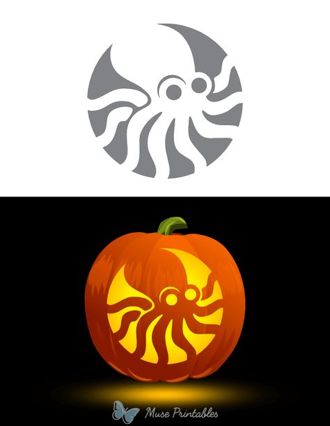 Pumpkin Carving Ideas Octopus, Pumpkin Carving Octopus, Cow Pumpkin Stencil, Nautical Pumpkin Carving, Cute Pumpkin Carving Stencils Templates, Octopus Pumpkin Carving, Pumpkin Octopus, Octopus Pumpkin, Pumpkin Stencils Free