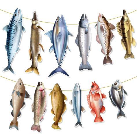 PRICES MAY VARY. What You'll Get: You'll get 12 pieces of gone fishing party decorations. Includes fish string hanging decorations to form fish party hanging banners and bunting. These gone fishing party decorations will make your party even more dazzling! HIGH QUALITY MATERIAL: Our gone fishing hanging decorations are made of high quality cardboard, not easily damaged. The package includes ribbon that can be used to string fish flags together to form a gone fishing banner. Fishing Party Decorat Fishing Birthday Party Decorations, Fishing Themed Party, Fishing Party Decorations, Gone Fishing Party, Fish Banner, Fishing Theme Party, Banner For Birthday, Bday Themes, Fish Party