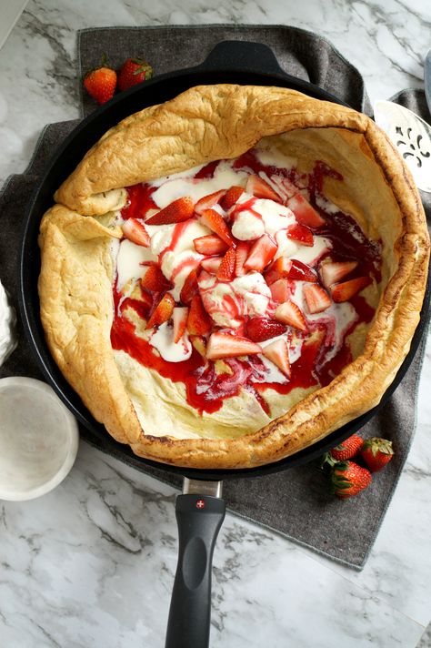 vanilla bean dutch baby with strawberry hibiscus syrup #SpringSweetsWeek | The Baking Fairy Weekend Breakfast Ideas, Strawberry Hibiscus, Dutch Babies, Hibiscus Syrup, Dutch Baby Pancake, Dutch Baby, Pancakes And Waffles, Vanilla Bean, Brunch Recipes