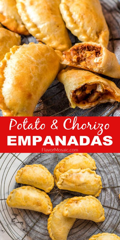 Chorizo Lunch Ideas, Potato And Chorizo Empanadas, Empanadas Recipe Potato, Empanadas Recipe Breakfast, Hand Held Brunch Ideas, Chorizo Puff Pastry Recipes, Spicy Empanadas Recipe, Chorizo Hand Pie, Cooking With Chorizo