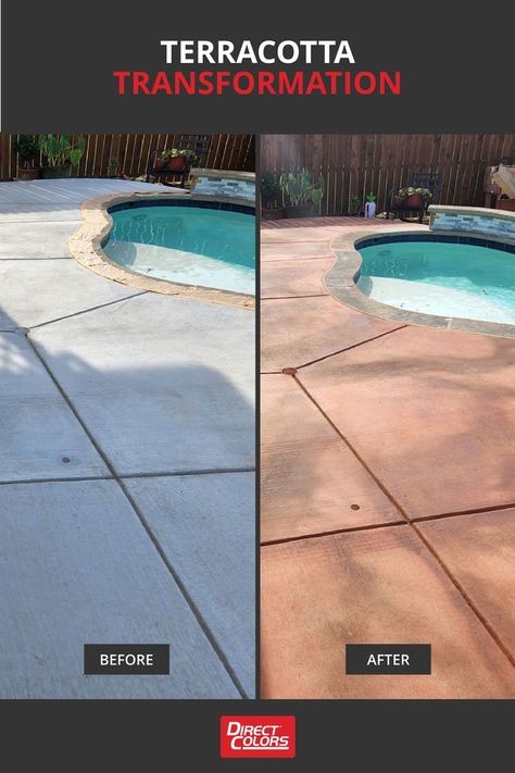 Terracotta transformation Stained Concrete Around Pool Ideas, Terracotta Pool Deck, Stained Concrete Pool Deck, Concrete Stain Colors, Paint Concrete Patio, Terracotta Paint, Pool Sand, Inground Pool Designs, Color Terracota