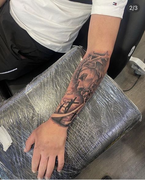 Three Crosses Sleeve Tattoo, Reglious Tattoos Sleeve, Tattoo Ideas For Men Forearm God, Cross Half Sleeve Tattoo For Women, Men God Tattoos, Jesus Forearm Tattoo Men, God Quotes Tattoos Men, Men Inner Forearm Tattoos, Melina Cohens Tattoos