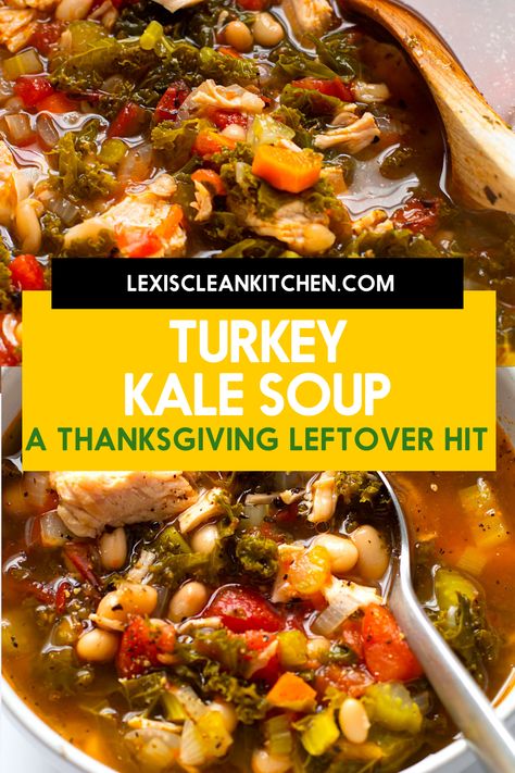 Got turkey leftovers? Make this Turkey Kale Soup! This soup has a hint of Italian flavors thanks to the tomatoes and spices, and is so hearty and delicious. If you don’t have turkey leftovers, no problem because it also works great with leftover shredded chicken as well! Turkey Kale Soup, Leftover Shredded Chicken, Soup Gluten Free, Kitchen Website, Lexi's Clean Kitchen, Turkey Soup Recipe, Thanksgiving Leftover, Turkey Leftovers, Homemade Chicken Noodle