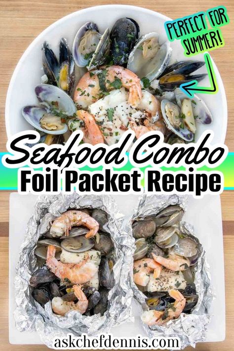 When it comes to grilling nothing beats seafood. This grilled seafood foil packet from Ask Chef Dennis will definitely kick up your grilling game and impress your friends and family with your grilling skills! This is the perfect summer weekend meal or a great meal to make while camping! Seafood Medley, Foil Packet Dinners, Restaurant Style Recipes, Foil Dinners, Foil Packs, Foil Packet Meals, Foil Packet, Delicious Seafood Recipes, Scampi Recipe