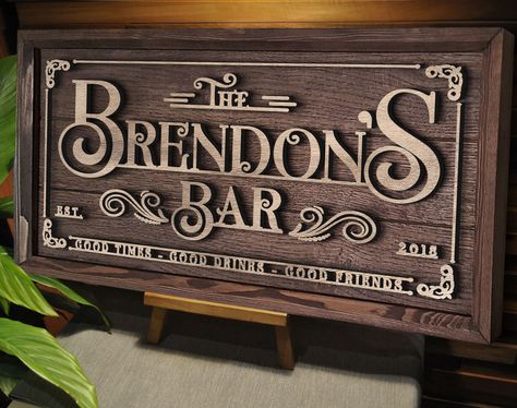 Diy Bar Signs Wood, Wooden Bar Signs, Bar Names Ideas Signs, Bar Signs For Home, Bar Sign Ideas, Wall Decor Basement, Pub Signs Diy Home Bars, Home Bar Signs Personalized, Wood Bar Sign