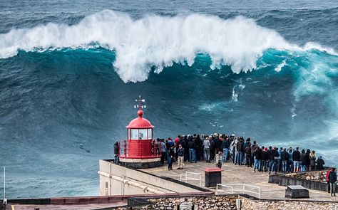 Surfer stuns crowd on huge wave in Portugal - via The Telegrapgh 28.10.2015 | German surfer, Sebastian Steudtner, wows crowds in Portugal while   riding a massive wave in the first big swell of the year. Crowds gathered to watch brave surfers take on massive waves at Praia do Norte in Nazare, Portugal. Nazare Portugal, Giant Waves, Big Wave Surfing, Wave Surfing, Huge Waves, Surfing Photos, Rainbow Mountain, Scary Monsters, Big Photo