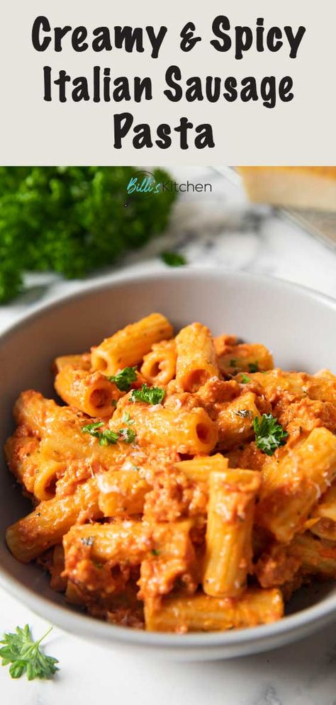 Craving for something spicy and quick for dinner? Then this Spicy Italian Sausage Pasta is the perfect dish for you! Deliciously creamy and filling, and ready in 30 minutes! Give it a try! Spicy Italian Sausage Pasta, Spicy Italian Sausage Recipe, Italian Sausage Pasta Sauce, Hot Italian Sausage Recipes, Spicy Sausage Recipes, Hot Sausage Recipes, Italian Sausage Recipes Pasta, Sausage Pasta Sauce, Spicy Pasta Recipes