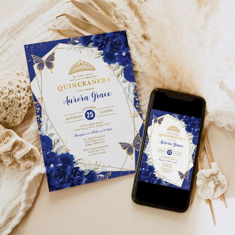 Royal Blue Quinceañera Butterflies Mis Quince Invitation - tap to personalize and get yours #Invitation #15th #birthday #party, #gold #crown Blue Butterfly Invitations, Royal Blue Roses, Royal Blue Quinceanera, Quince Invitations, Butterfly Invitations, Floral Birthday Invitations, Roses Watercolor, Modern Birthday, Quinceanera Party