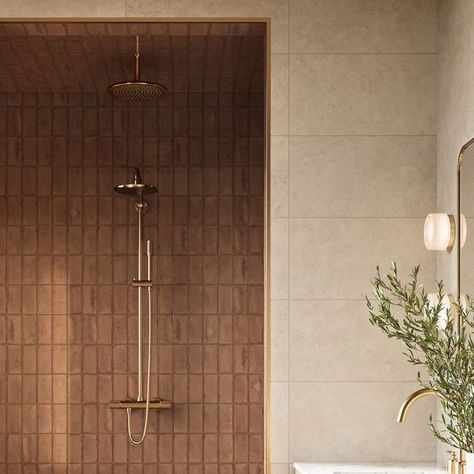 Edward Martin on Instagram: "Earthy elegance ✨ Bringing the beauty of nature indoors with our Leona and Graham tiles

Featuring:
* Graham 3x6 Glossy Ceramic Tile in Clay
* Leona 24x24 & 3x3 Hexagon Mosaic Matte Porcelain Tile in Marfil" Earthy Tiles Bathroom, Glossy Ceramic Tile, Earthy Elegance, Matte Porcelain Tile, Tile Edge, Small Showers, Hexagonal Mosaic, The Beauty Of Nature, Bathroom Tiles