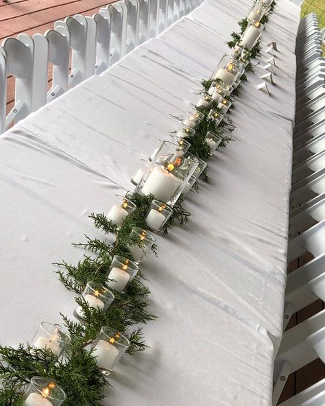 Cedar Centerpiece Wedding, Cedar Table Runner, Cedar Wedding Decor, Evergreen Table Runner Wedding, Cedar Garland Wedding, Evergreen Table Garland, Winter Wedding Centerpieces Greenery Table Runners, Long Tables With Greenery And Candles, Long Table Centerpieces