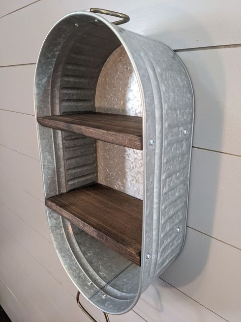 Tub With Shelves, Laundry Shelf, Dark Wood Shelves, Galvanized Wash Tub, Drywall Anchor, Rustic Bathroom Shelves, Wall Hanging Shelf, Storing Towels, Farmhouse Shelf