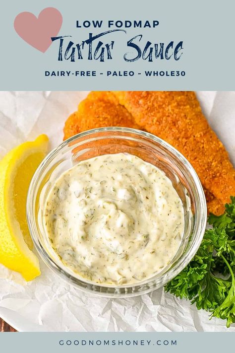 This Low FODMAP Tartar Sauce easily adds some extra zing to your fish and chips and other seafood dishes! So simple to make and containing only five ingredients, after making this, you'll wonder why you ever used the store-bought stuff. #LowFODMAP, #dairyfree, #Paleo and #Whole30 compliant. ~ Good Noms, Honey! ~ Low FODMAP Tartar Sauce ~ Low FODMAP Condiments ~ Low FODMAP Sauces ~ Dairy-free Tartar Sauce ~ Paleo Tartar Sauce ~ Whole30 Tartar Sauce ~ Low FODMAP Seafood Condiments Low Fodmap Dipping Sauce, Low Fodmap Chip Dip, Low Fodmap Sauces, Paleo Tartar Sauce, Fodmap Condiments, Fodmap Sauces, Fodmap Recipes Dinner, Low Fodmap Recipes Dinner, Paleo Sauces