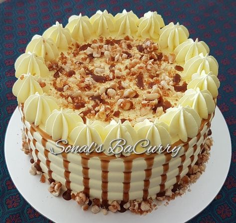 Butterscotch cake with peanut praline and salted caramel drizzle Simple Butterscotch Cake Design, Butter Scotch Cake Designs, Butterscotch Cake Designs, Butterscotch Cake Decoration, Scotch Cake, Birthday Cake Models, Cake Designs For Boy, Cake Design For Men, Butter Scotch