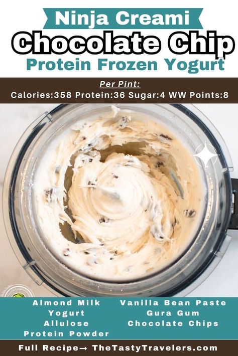 Chocolate Chip Protein Frozen Yogurt with 36 grams of protein, 358 calories, and 4 grams of sugar for the entire pint!! Ninja Creami Protein Frozen Yogurt Recipes, Sugar Free Frozen Yogurt Chips, High Protein Frozen Yogurt, Chocolate Yogurt Recipe, Protein Frozen Yogurt, Easy Fall Treats, Protein Ice Cream Ninja Creami Deluxe, Ninja Creami Protein Ice Cream Recipe Fairlife, Ninja Creami Recipe