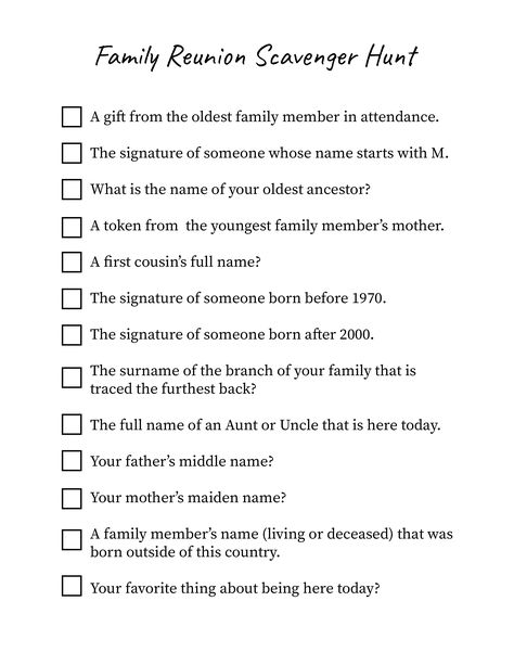 Scavenger Hunt Ideas For Family Reunion, Family Reunion Ideas Themes, Family Reunion Scavenger Hunt, Family Picnic Games, Family Reunion Banquet, Family Reunion Awards, Reunion Activities, Family Reunion Ideas, Family Reunion Activities