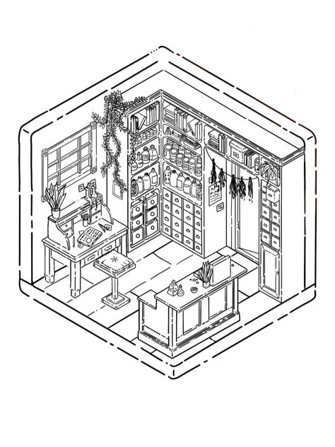 Apothecary isometric instant download colouring page. This colouring page features a desk, a checkout counter with an old-timey cash register, and bookcases filled to the brim with magical potions, herbs and books and cute plants sprinkled all over the page. Isometric Coloring Page, Witch Apothecary, Cute Plants, Magical Design, Checkout Counter, Colouring Page, Isometric Illustration, Adult Colouring, Graphic Design Lessons