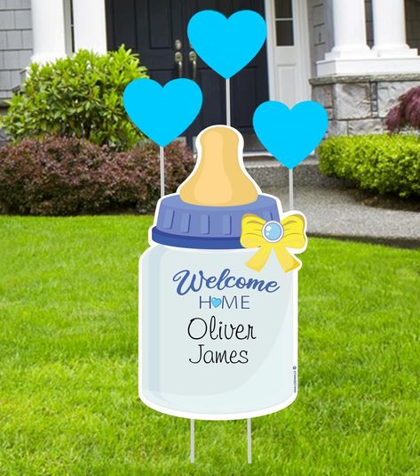 Welcome Home Your New Bundle of Joy with this personalized baby bottle lawn sign decoration.  Makes a great Gift for the proud new parents. *Baby Bottle Sign Size:  22 in x 15 in *Custom Baby Name * Waterproof * Comes with metal stakes for simple set up * Can be used as a baby shower decoration, hospital door sign, baby door sign and nursery wall    decoration *Makes a great baby keepsake * Made in the USA SIBLING STAR SIGNS https://www.etsy.com/listing/601482694/custom-big-brother-boy-sign-lawn-stork Stork Yard Sign, Personalized Baby Bottle, Baby Door Signs, Welcome Baby Signs, Outdoor Card, Welcome Baby Banner, Art Bottle, Welcome Home Baby, Baby Door