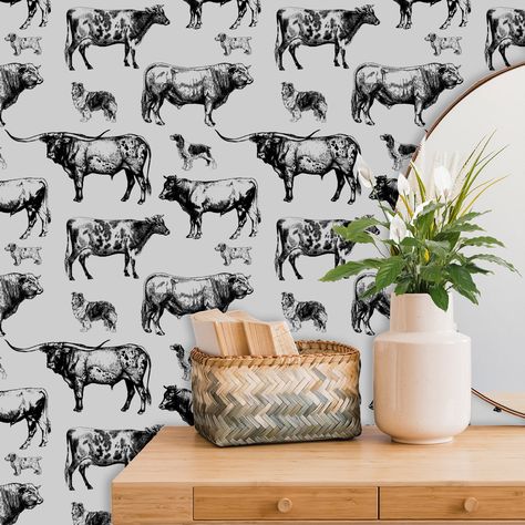 The Cow design adds a touch of country charm to your home, making it perfect for those who love the farmhouse aesthetic. The versatile design makes it a great addition to any space in your home, from the living room to the bedroom. Whether you're looking to create a cozy farmhouse feel or a subtle accent wall, this Farm Wallpaper with Cow is the perfect choice for adding warmth and character to your decor. Transform your space with this beautiful Farm Wallpaper, and create a cozy, inviting atmos Rustic Wallpaper Accent Wall Bathroom, Bathroom Farmhouse Wallpaper, Western Wallpaper Home, Farmhouse Wallpaper Accent Wall, Wallpaper Farmhouse Style, Farm House Wallpaper, Wallpaper For Small Spaces, Farmhouse Peel And Stick Wallpaper, Farm Animal Wallpaper