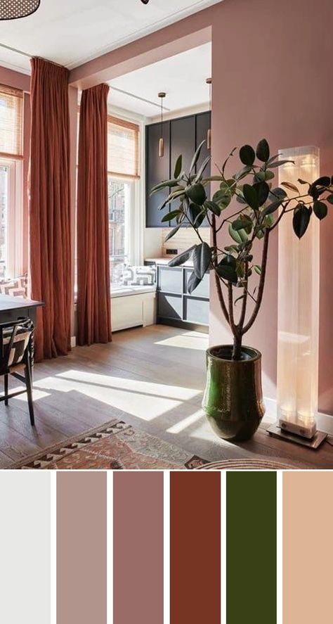 Terracotta And Olive Living Room, Living Room Designs Warm Color Schemes, Mauve And Green Living Room, Cohesive Home Color Palette, Brown Color Palette Living Room, Living Room Color Palette Ideas, Paint Colors For Home Interior, Interior Color Combinations, Color Palette Interior