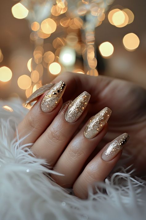 Nail Colors for Champagne Dresses Gold Nails Design Glitter, Unique Glitter Nails, Golden Ombre Nails, Golden Christmas Nails, Champagne Colored Nails, Simple Gold Nails, Champagne Glitter Nails, New Years Eve Nails Glitter, Wedding Gel Nails