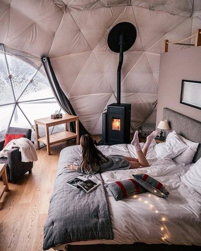 Timothy Sumer - Photography The cozy interior of this dome located in Switzerlands... Boho Style Bedding, Geodesic Dome Homes, Dome Home, Eco Luxury, Boho Chic Bedroom, Dome House, Geodesic Dome, Cabin In The Woods, Sun Beach