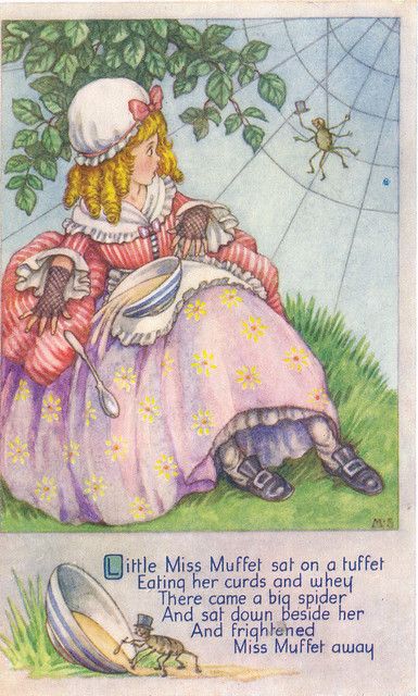 Little Miss Muffet postcard by M.S. | Believe to be by Milli… | Flickr Nursery Rhyme Art, Nursery Rhymes Poems, Old Nursery Rhymes, Little Miss Muffet, Childrens Poems, Miss Muffet, Childrens Poetry, Fairytale Nursery, Childrens Books Illustrations