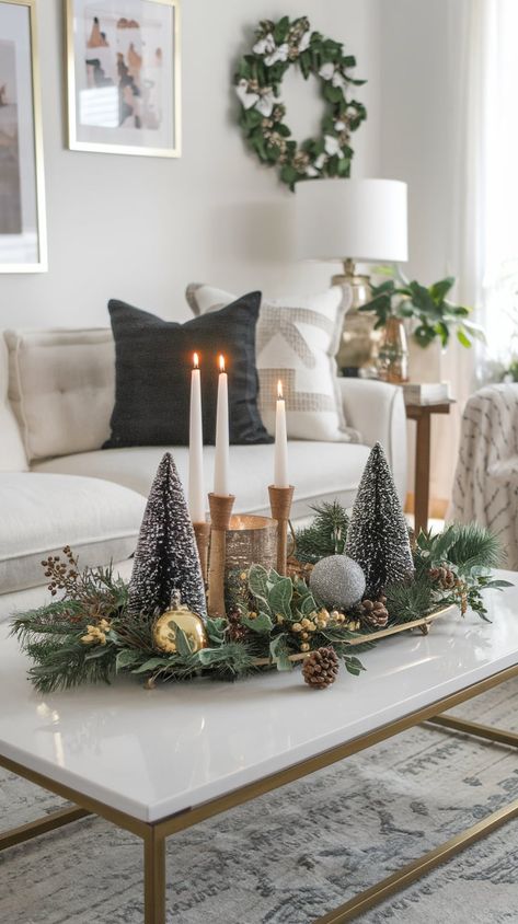 28 Christmas Coffee Table Decor Ideas » HomeQly.com Home Decor Ideas Coffee Tables, Good And White Christmas Decor, Living Room Table Decor Christmas, Coffee Table Christmas Center Piece, Dining Table Christmas Decorations, Christmas Decor For Living Room Table, Coffee Table Centerpieces Christmas, Elegant Simple Christmas Decor, Christmas Table Centerpieces Round