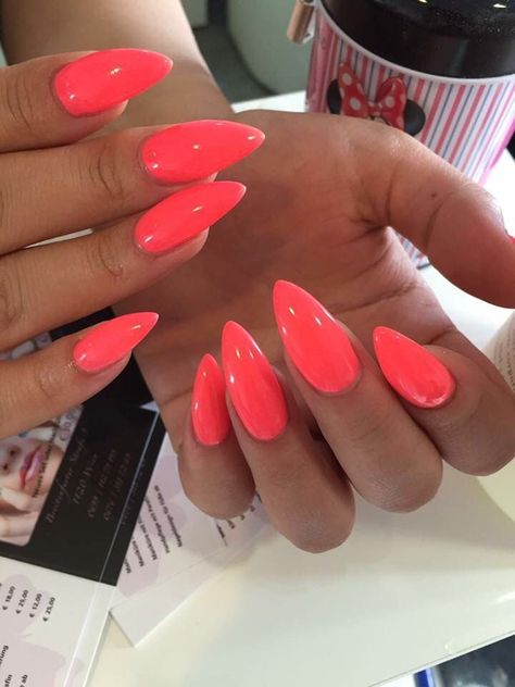 Lovely Nails Design For You 2023 Summer Nails Ideas | Summer Nails 2023 Bright Coral Red Nails, Pink Orange Almond Nails, Bright Pink Orange Nails, Almond Coral Nails, Red Nails Summer 2023, Best Summer Nail Colors 2024, Orange Summer Nails Almond, Bright Pink Vacation Nails, Watermelon Almond Nails