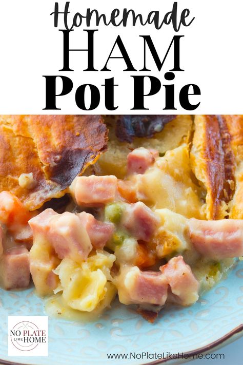 Creamy homemade ham pot pie is a delicious and wholesome family meal made with ham cubes, peas, carrots in a creamy cheese sauce. Use leftover Thanksgiving or Easter ham. It's a hearty family dinner. Make it with leftover ham or ham cubes. Click the link to get the recipe. Ham Recipes Leftover Dairy Free, Ham And Cheese Pot Pie, Cube Ham Recipes Easy, Homemade Ham Pot Pie, Recipes For Leftover Ham Casseroles, Cube Ham Recipes, Ham And Egg Pie Southern, Ham Cubes Recipes Dinners, Ham Meals Ideas Dinners