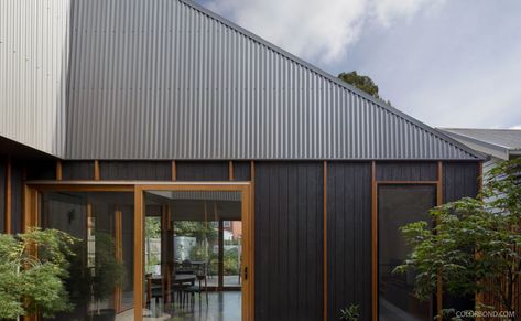 COLORBOND® steel Wallaby® in LYSAGHT CUSTOM ORB® profile. House Facade, Black Board, Australian Architecture, Courtyard House, Wood Detail, Paver Patio, Pitched Roof, Architecture Photo, Structural Engineering