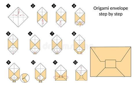 Origami Envelopes Step By Step, Origami Envelope Easy Step By Step, Tiny Envelopes Diy, Instruction Illustration, Diy Envelope Tutorial, Origami Envelope Easy, Tiny Envelopes, Origami Step By Step, Rubber Stamping Cards