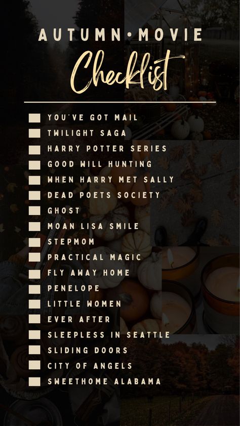 Fall Movies Checklist, Classic Fall Movies List, Fall Movie Checklist, Autumn Tv Shows List, Autumn Romance Movies, September Movies List, Classic Fall Movies, Romantic Fall Movies, Autumn Watch List