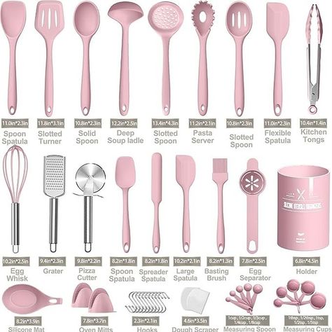 💞LINK IN BIO💞 Silicone Cooking Kitchen Utensil Set AIKKIL 43 Pcs Pink Cooking Utensils Set, Turner, Tongs, Spoon, Spatula, Kitchen Gadgets Tools Set For Nonstick Cookware, Heat Resistant (Dishwasher, BPA Free)✨💖 Each kitchen utensil is made entirely of food-grade silicone and BPA-free. This silicone cooking utensils does not react with food or beverages✨🌸 The stainless steel is wrapped in silicone to form a whole seamless silicone design, you don’t need to worry about any possibility of b... Egg Pizza, Silicone Cooking Utensils, Kitchen Spoon, Dough Scraper, Amazon Kitchen Gadgets, Utensils Set, Cooking Utensils Set, Kitchen Must Haves, Smart Kitchen