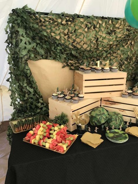 Jaydan’s Boot Camp | CatchMyParty.com Army Backdrop Party Ideas, Army Soldier Birthday Party, Boot Camp Theme Party, Soldier Theme Birthday Party, Boot Camp Decorations, Boot Camp Party Ideas, Army Centerpiece Ideas, Army Decorations Party, Military Party Ideas