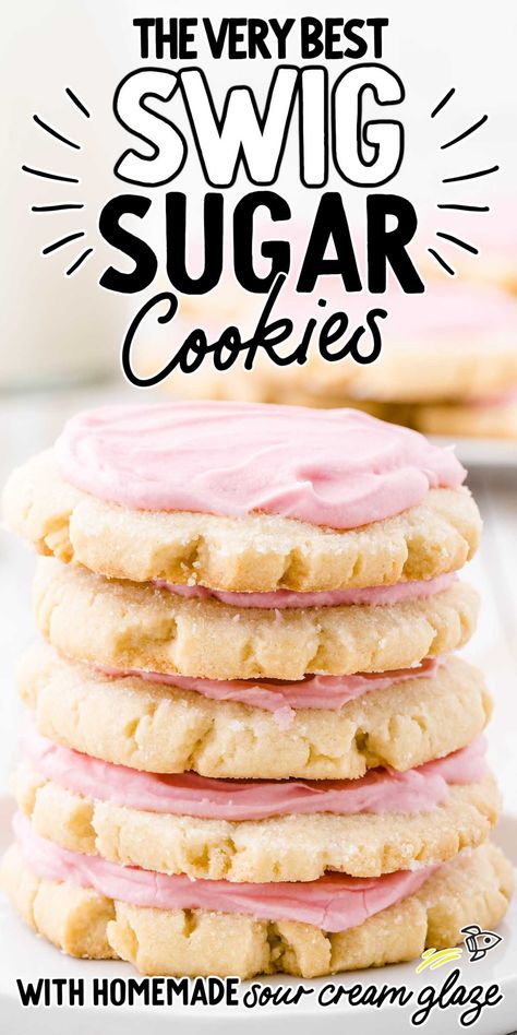 Swig Sugar Cookie Swig Sugar Cookie Recipe, Sugar Cookie Glaze, Swig Cookies, Swig Sugar Cookies, Soft Sugar Cookie, Sour Cream Frosting, Soft Sugar Cookie Recipe, Sour Cream Sugar Cookies, Buttery Sugar Cookies