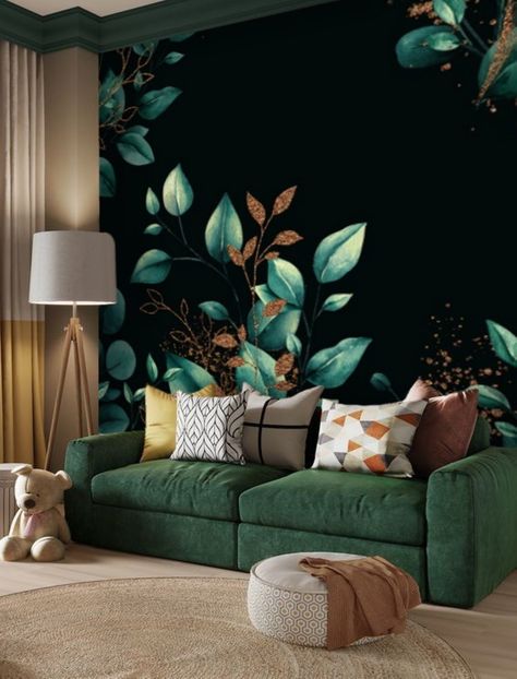 "Welcome to TapetShow, where you can give your walls a beautiful look with our SELF ADHESIVE, removable peel and stick dark botanical wallpaper wall mural - easier to install and less mess! This stunning oversized floral print has a black background with green watercolor leaves. This \"wallpaper\" is typically used to add impact to a focal wall as a mural. FEATURES ▪ Self adhesive peel and stick, removable wallpaper mural. ▪ Digitally printed and cut. ▪ Created using the latest, ecological HP te Green Floral Wall Mural, Greenery Wallpaper, Glam Wall Decor, Sticker Wallpaper, Dark Green Wallpaper, Vintage Leaves, Focal Wall, Bedroom Wallpaper, Botanical Wallpaper