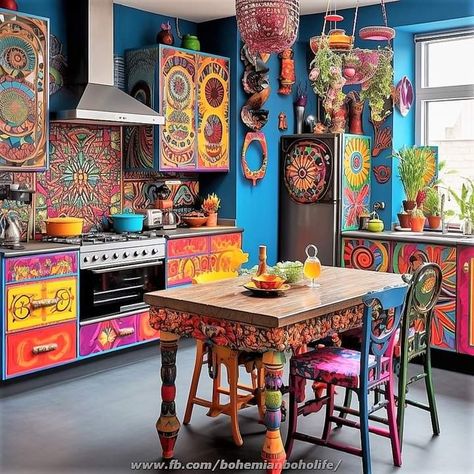 Hippie Kitchen, Funky Kitchen, Bohemian Kitchen, Maximalist Design, Hippie Homes, Colorful Kitchen, Boho Cottage, Bohemian Lifestyle, Mexican Decor