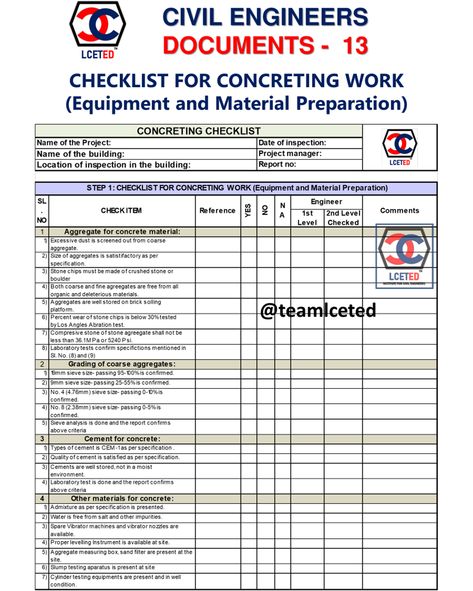 Inspection Checklist for Concrete Placement | Pre, Post and during PlacementTo achieve greater strength and durability of the structural inspection of concreting works is important. So we need to make all the checks during the inspection of concrete as a checklist. The checklist will be the record of concrete placement and quality control measures taken on the site    (adsbygoogle = window.adsbygoogle || []).push({});   We should have 3 types of checklists for concreting work 1. C Work Checklist, Home Inspection Checklist, Pouring Concrete, Form Example, Inspection Checklist, Civil Engineering Design, The Checklist, Free House Plans, Civil Construction