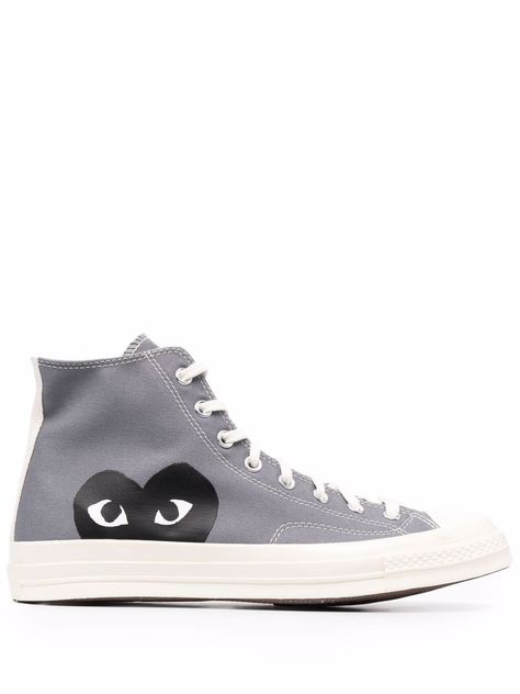 Grey Chuck 70 high-top sneakers from COMME DES GARÇONS featuring signature One Star logo, signature heart print, rubber toecap, round toe, front lace-up fastening and flat rubber sole. This item is in size 7 and the color is Grey Converse Chuck 70 High Top, Play X Converse, Tenis Converse, Chuck Taylor 70, Play Comme Des Garcons, Xmas List, Converse Chuck 70, Teenage Fashion, High Sneakers