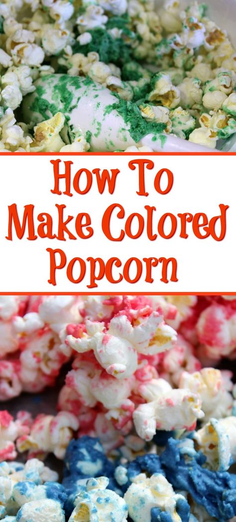 Diy Color Popcorn, How To Make Colorful Popcorn, Purple Popcorn How To Make, Popcorn Treat Ideas, How To Color Popcorn, How To Dye Popcorn, Color Popcorn Diy How To Make, Koolaid Popcorn Recipes, How To Color Popcorn With Food Coloring