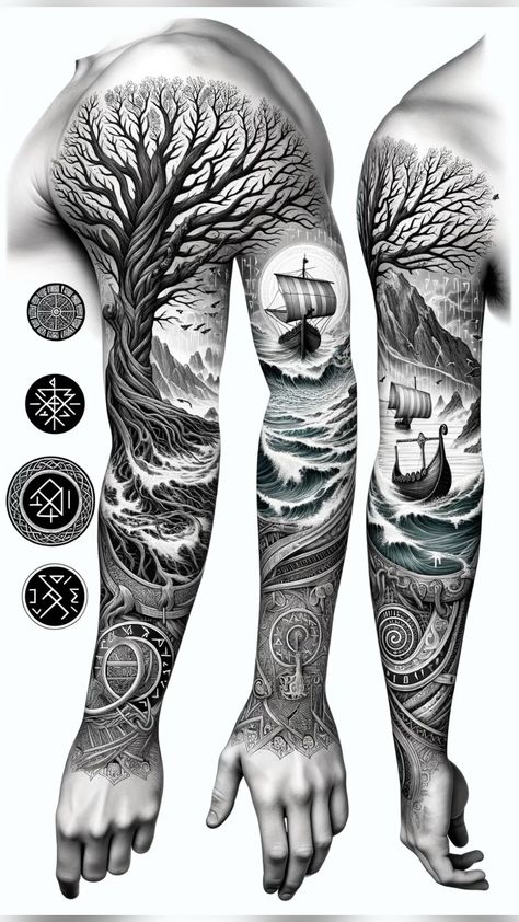 Full Sleeve Tree Tattoo, Nordic Full Sleeve Tattoo, Viking Themed Tattoo, Full Arm Tattoo Men Sleeve Art Designs, Viking Sleeve Tattoo Design, Viking Theme Tattoo, Yggdrasil Tattoo Vikings, Norse Sleeve Tattoo, Viking Ship Tattoo Design