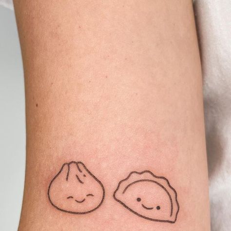 Wonton Tattoo, Dumplings Tattoo, Matching Food Tattoos, Cashew Tattoo, Pun Tattoos Funny, Gyoza Tattoo, Cute Food Tattoos, Bao Tattoo, Pierogi Tattoo