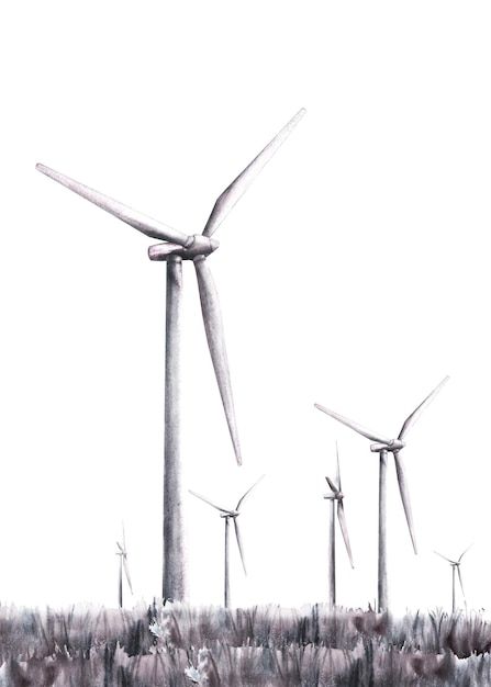 Premium Photo | Windmills wind turbine park on grass field landscape Watercolor monochromatic painted illustration Wind Mill Drawing, Wind Turbine Tattoo, Wind Turbine Drawing, Wind Turbine Art, Wind Turbines Art, Windmill Drawing, Windmill Generator, Windmill Images, Grass Drawing