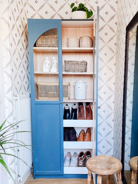 Mini Mudroom, Ikea Shoe Storage, Shoe Storage Hacks, Billy Hack, Tiny Entryway, Ikea Shelving Unit, Billy Ikea, Ikea Built In, Billy Bookcase Hack