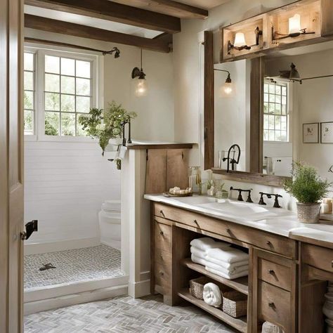 Ranch Style Bathroom Remodel, Cabin Bathroom Tile Ideas, Rustic Farmhouse Shower Ideas, Modern Log Cabin Bathroom, Walk In Shower Farmhouse, Modern Ranch Bathroom, Country Style Bathroom Ideas, Bathroom Rustic Modern, Small Cabin Bathroom Ideas