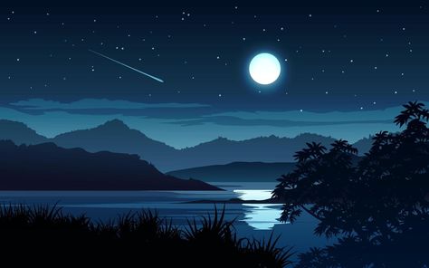 Night time scene with bright full moon at lake Night Scene Illustration, Rock Background, Moon Cartoon, Full Moon Night, Sunrise Pictures, Happy Wallpaper, Travel Wallpaper, Stock Wallpaper, Night Landscape