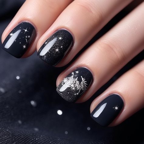 winter nails design midnight black and starry silver, nails with constellation patterns Solstice Nails, Winter Solstice Nails, Tree Nail Designs, Nile Art, Winter Nails Design, Christmas Tree Nail Designs, Black Christmas Tree, Winter Tree, Winter Nail Designs