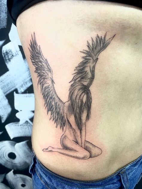 Small Fallen Angel Tattoo, Angel On Fire Tattoo, Fallen Angel Tattoo For Women, Fallen Angel Tattoo Designs, Angel Girl Tattoo, Falling Angel Tattoo, Angel Hand Tattoo, Fallen Angel Wings, Angel Tattoo For Women