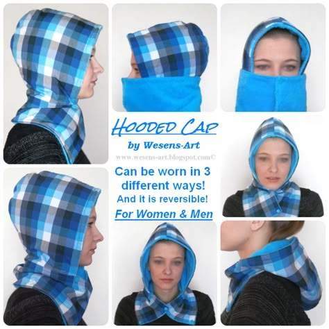 This “Hooded Cap” can be worn in 3 different ways!  It’s suitable for women and men, and it’s also reversible.  Can be sewn in under 1 hour.  Super easy to finish. Gamle T Shirts, Sewing Scarves, Hantverk Diy, Sewing Hats, Hood Pattern, Fleece Hats, Sewing Fleece, Hooded Scarf, Diy Couture